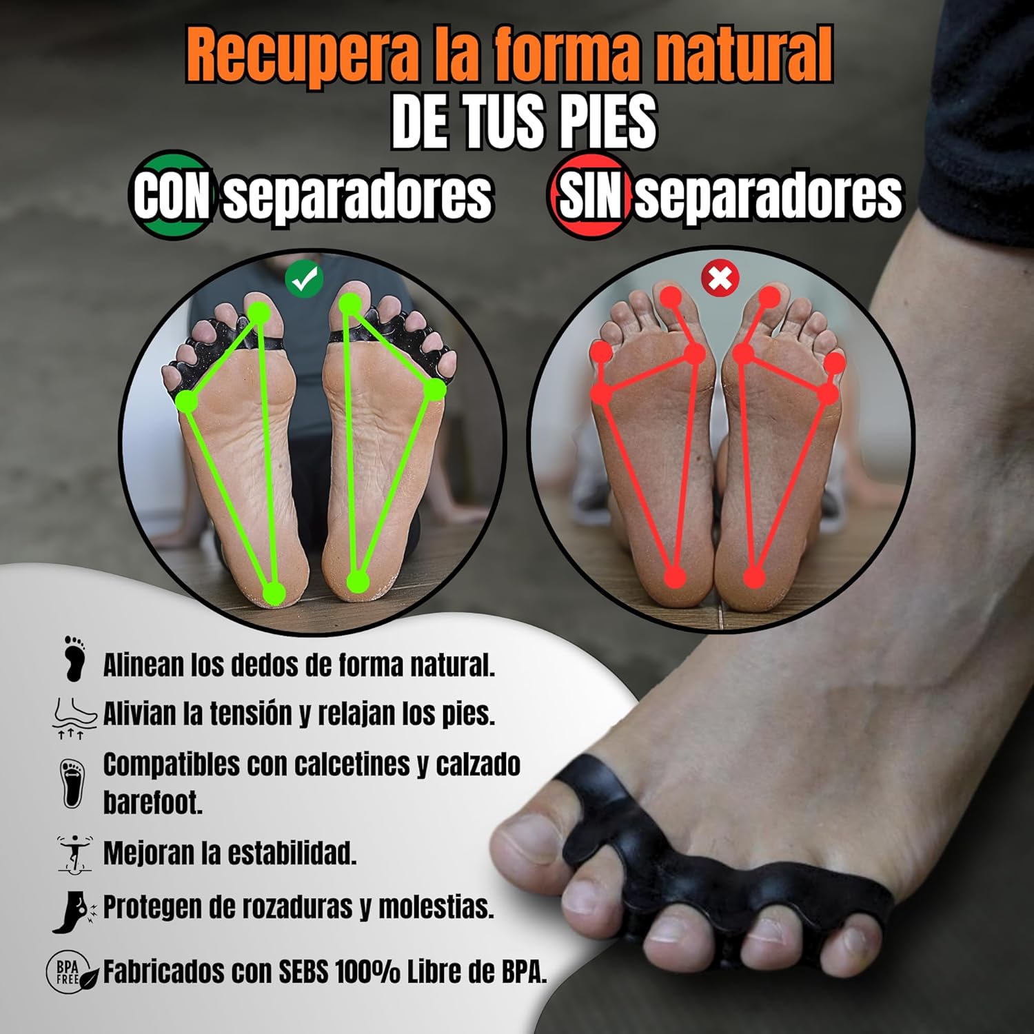Separadores de dedos barefoot | Movimiento natural · Flux ·  Kit funcional completo para los pies